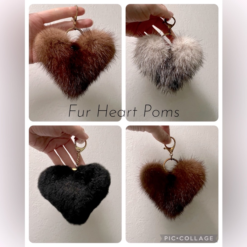 Mink fur heart keychain poms charms for purse